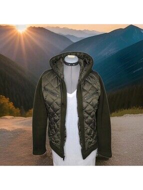 Eddie Bauer Hybrid Down Sweater Jacket Womens Medium Swiss Model Quilted Hooded